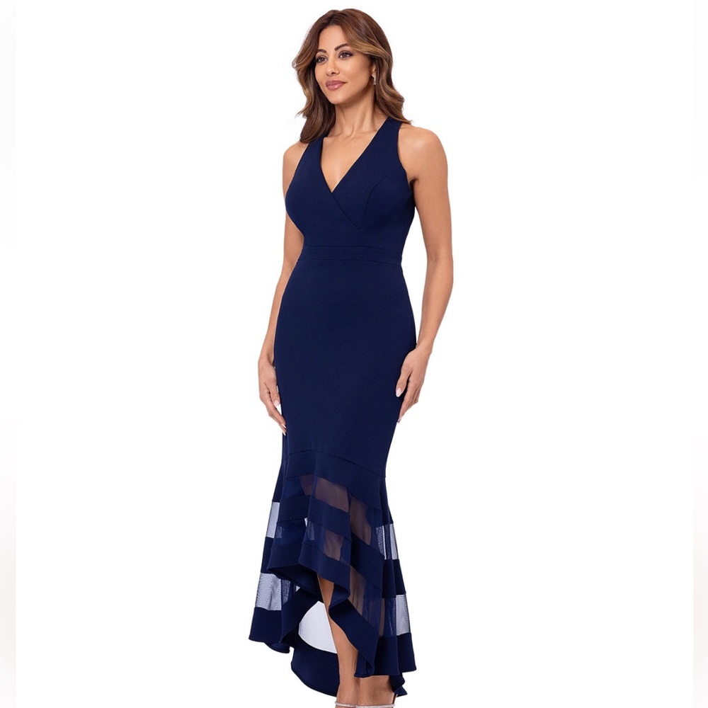 Xscape Scuba crepe sheer stripe high low dress